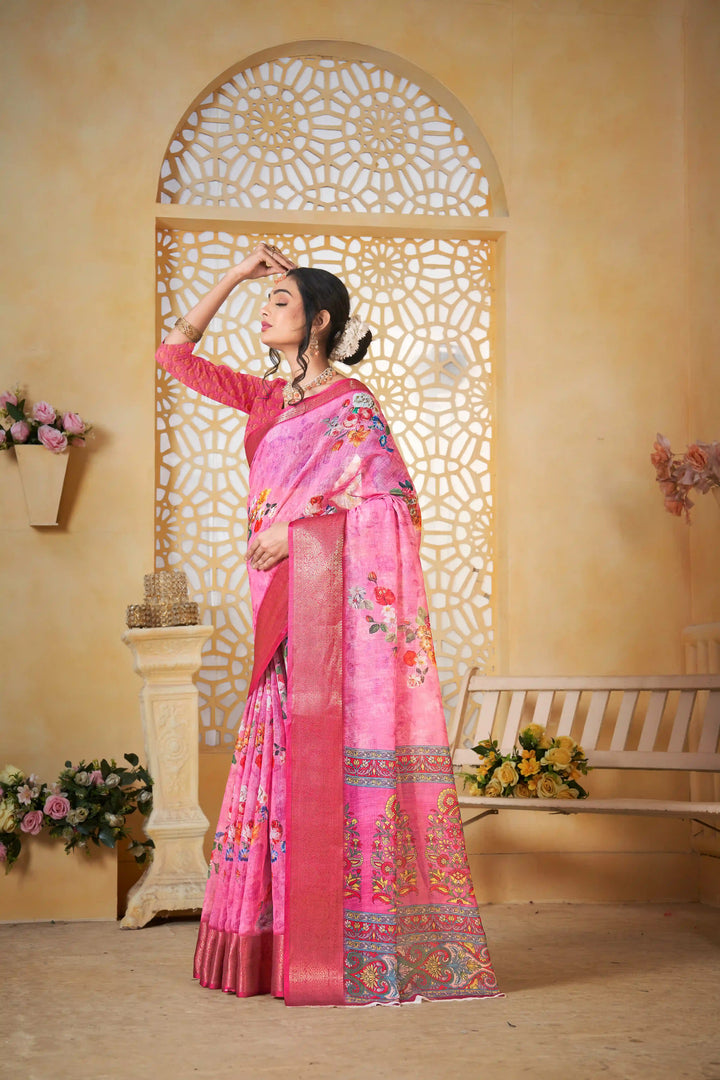 Pink Pure Linen Saree with Jacquard Border for Traditional Wear