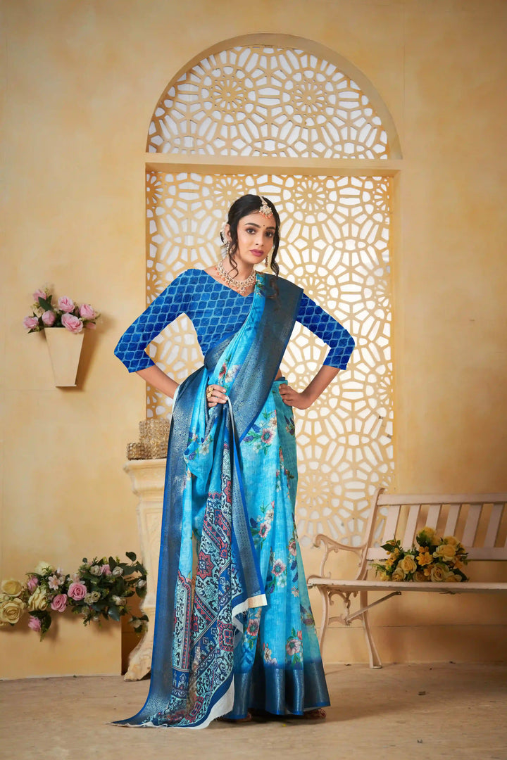 Sky Blue Pure Linen Printed Saree for Festive Wear