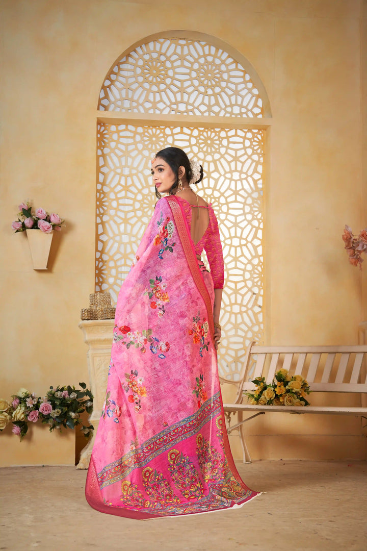 Pink Pure Linen Saree with Jacquard Border for Traditional Wear