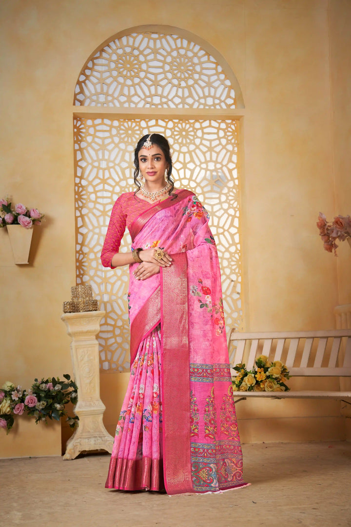 Pink Pure Linen Saree with Jacquard Border for Traditional Wear