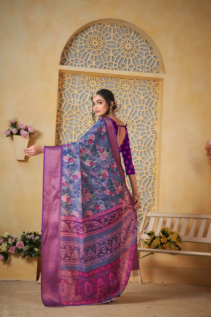 Traditional Blue Linen Saree with Digital Print for Casual Wear
