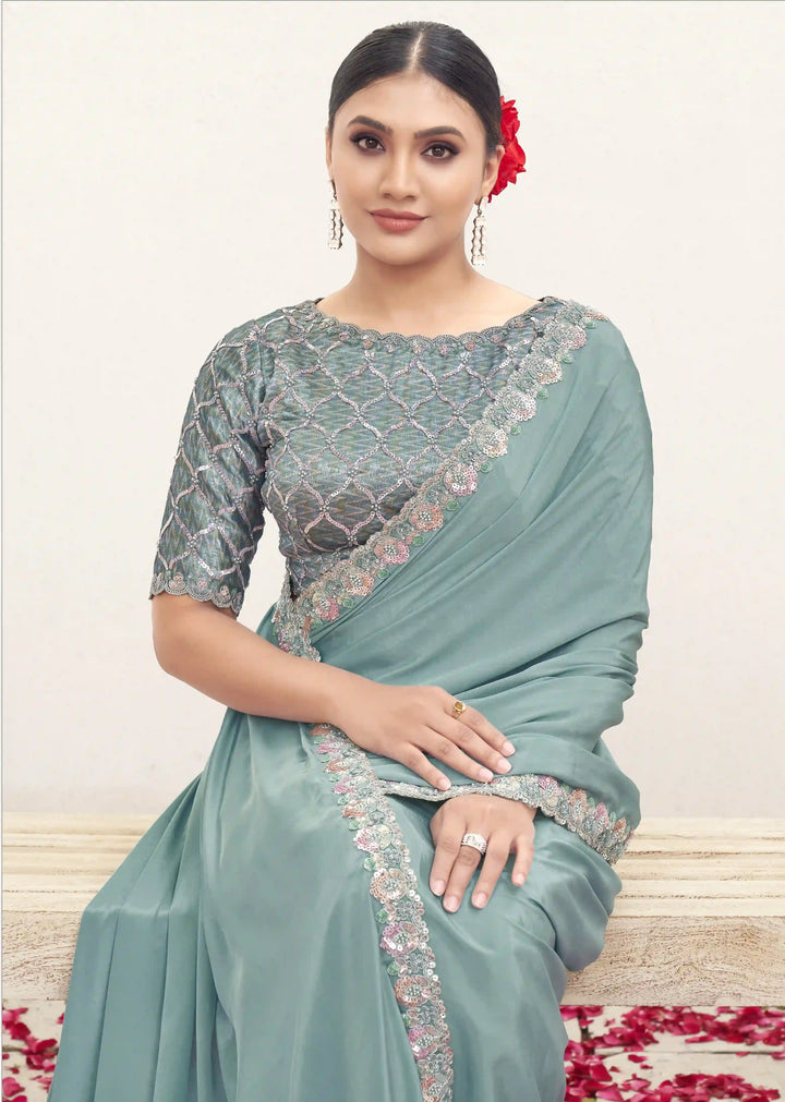Stunning Sky Blue Saree with Brocade Jacquard and Handwork