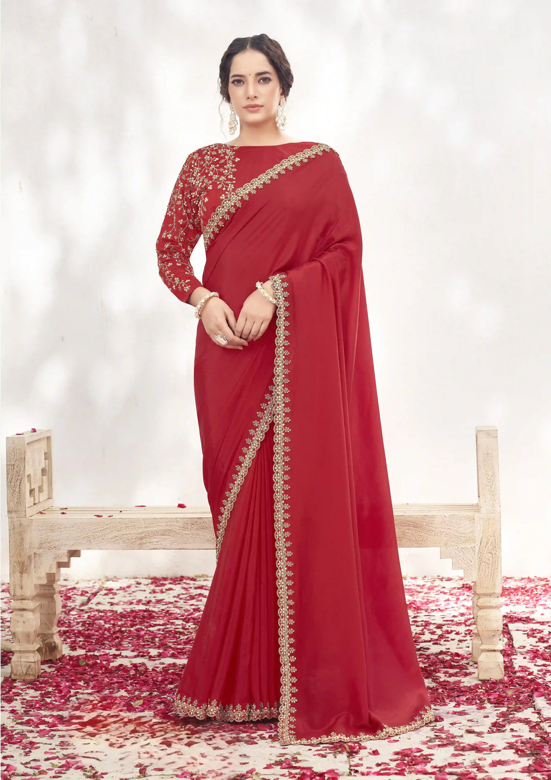 Sophisticated Red Saree with Silk Blouse & Moti Hand Work Design