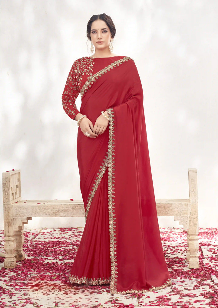 Sophisticated Red Saree with Silk Blouse & Moti Hand Work Design