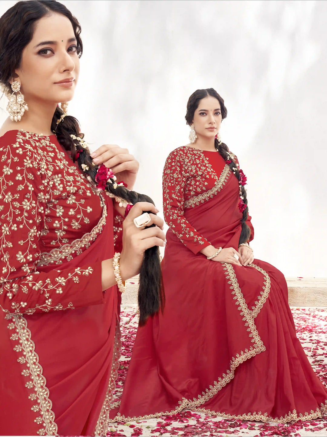 Sophisticated Red Saree with Silk Blouse & Moti Hand Work Design