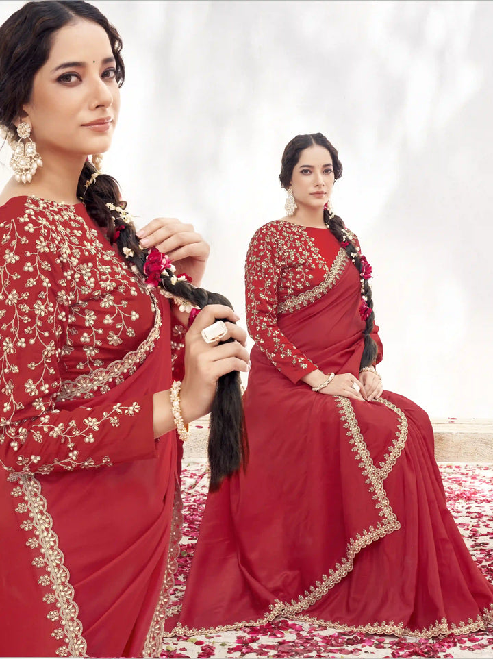 Sophisticated Red Saree with Silk Blouse & Moti Hand Work Design