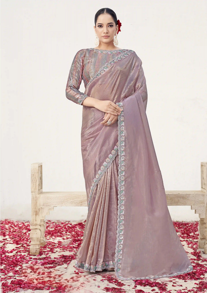 Dusty Pink Silk Saree with Moti Work & Brocade Blouse