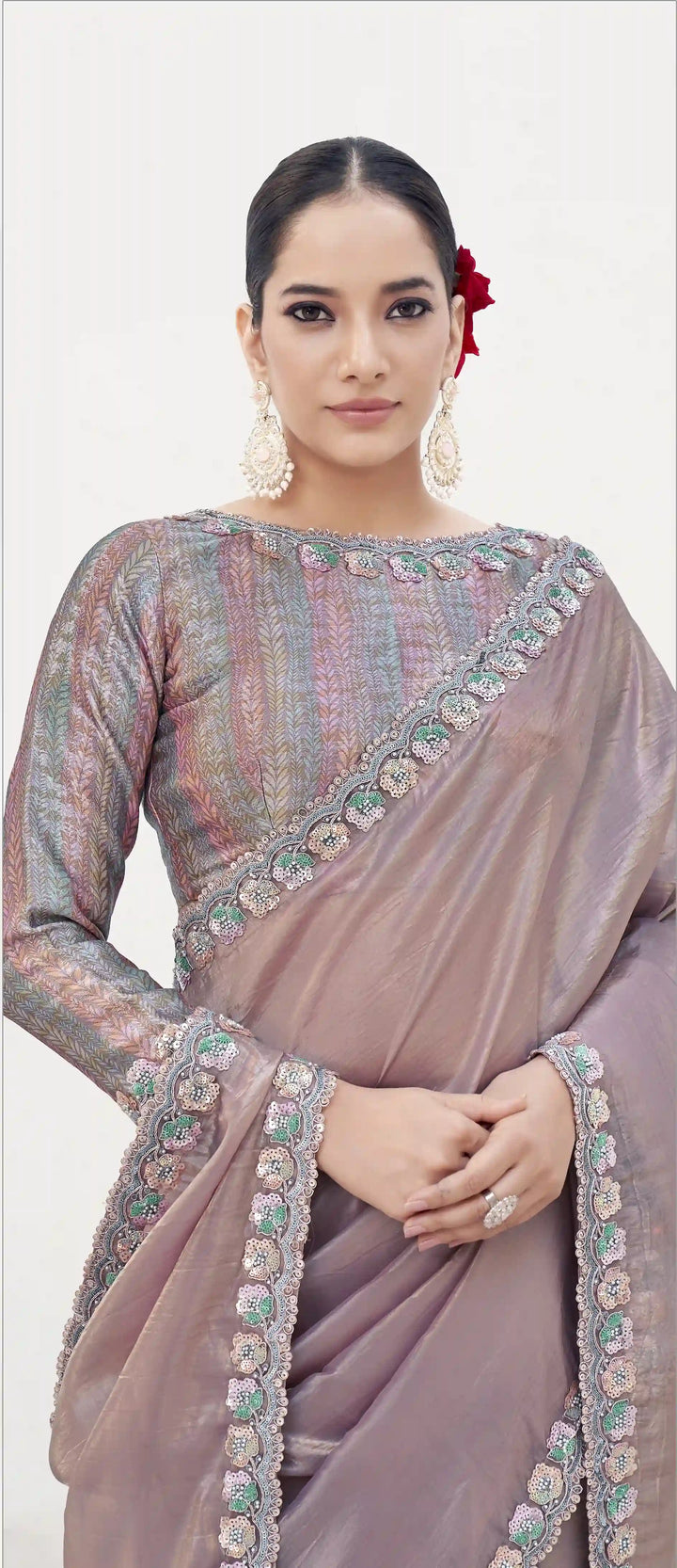Dusty Pink Silk Saree with Moti Work & Brocade Blouse