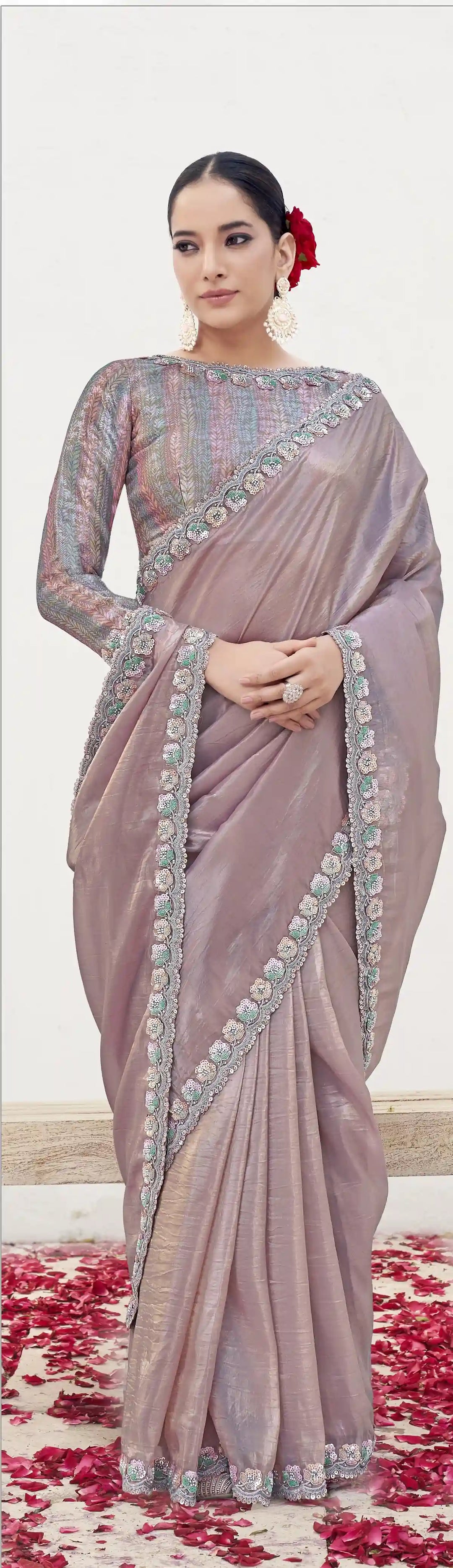 Dusty Pink Silk Saree with Moti Work & Brocade Blouse