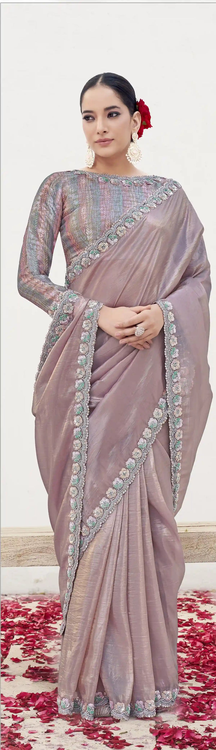 Dusty Pink Silk Saree with Moti Work & Brocade Blouse