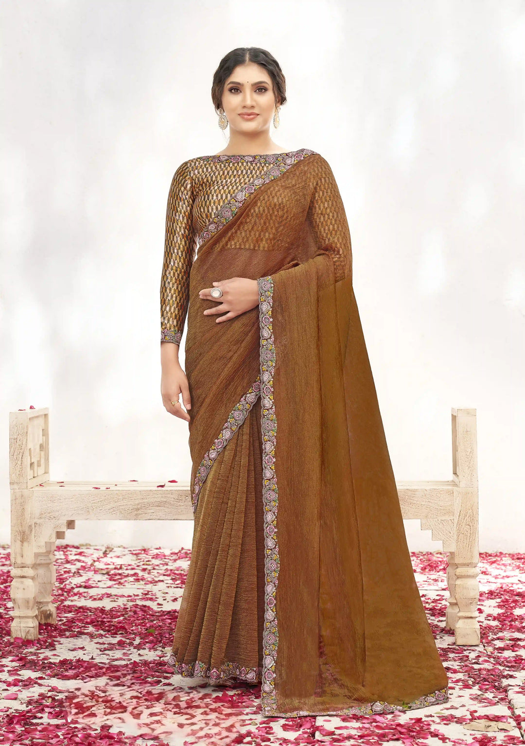 Elegant Brown Crepe Shimmer Saree with Sequins & Handwork Blouse