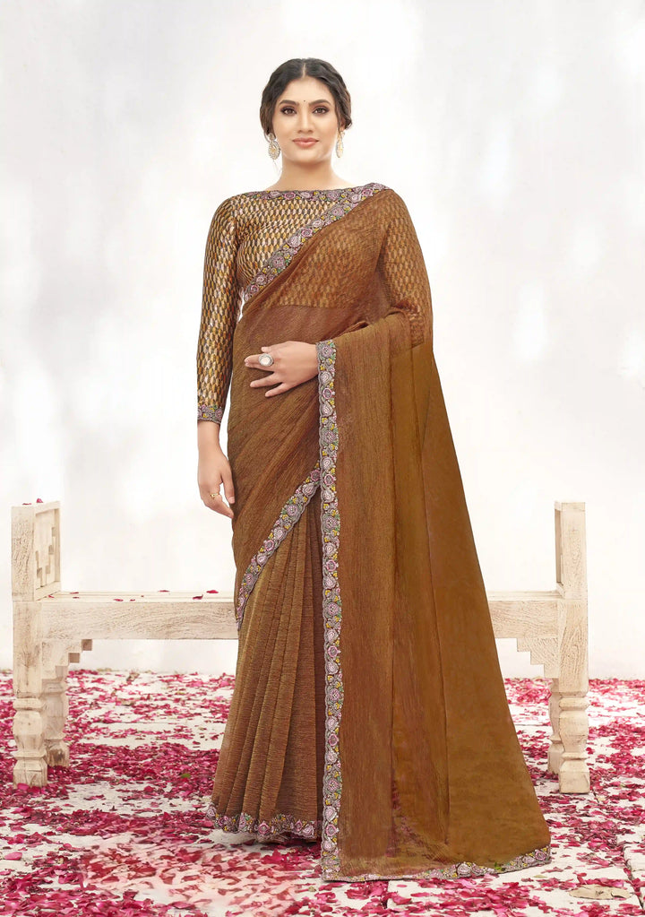 Elegant Brown Crepe Shimmer Saree with Sequins & Handwork Blouse