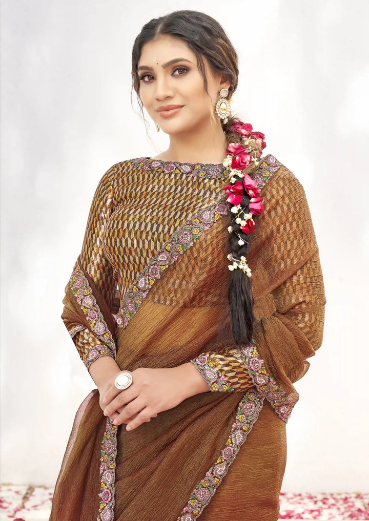 Elegant Brown Crepe Shimmer Saree with Sequins & Handwork Blouse