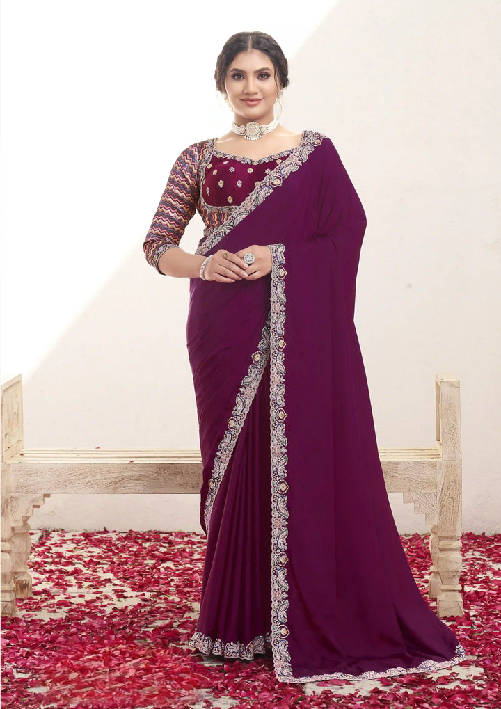 Luxury Wine Crepe Silk Saree with Intricate Moti Hand Embroidery