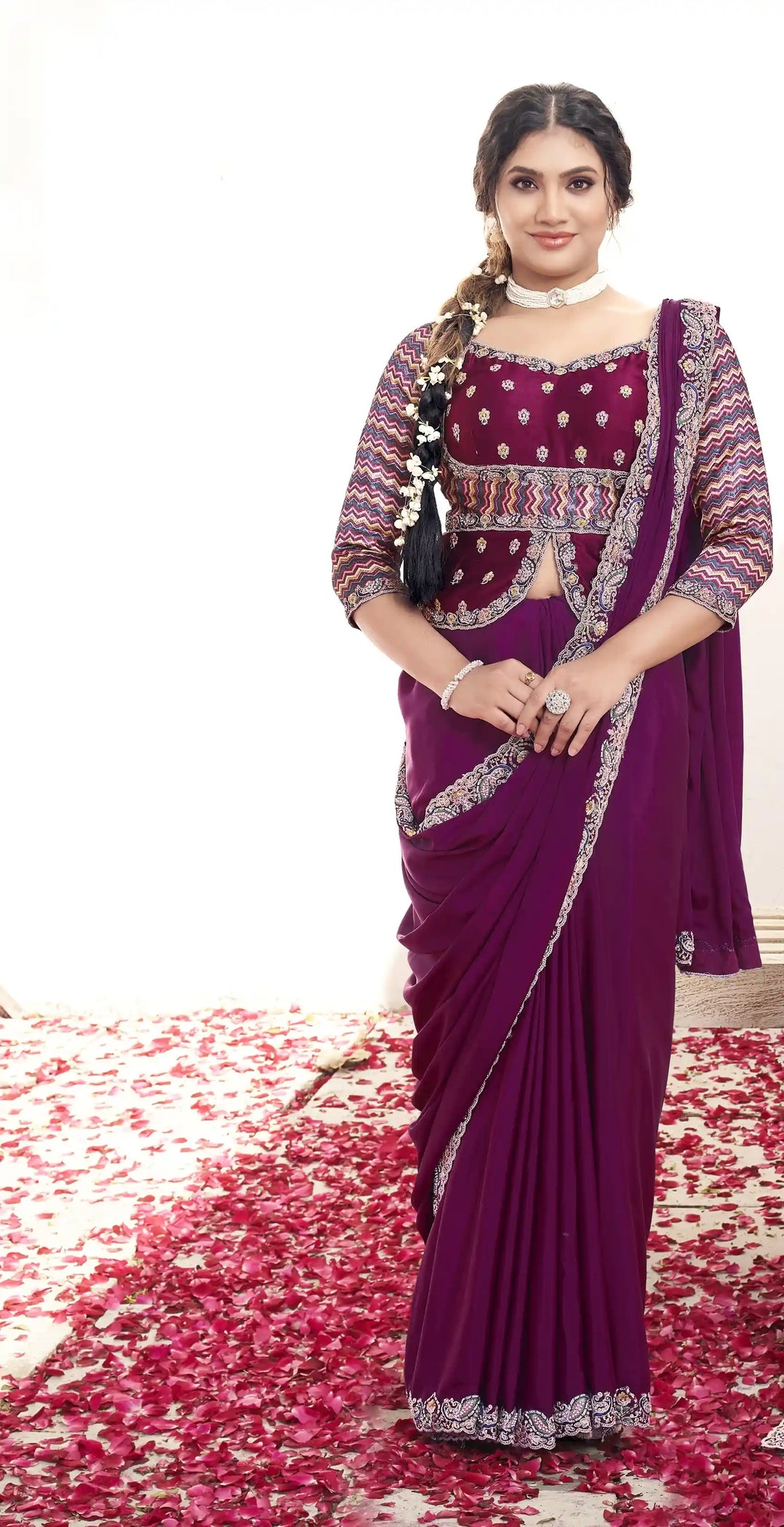Luxury Wine Crepe Silk Saree with Intricate Moti Hand Embroidery
