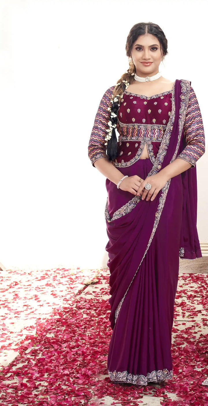 Luxury Wine Crepe Silk Saree with Intricate Moti Hand Embroidery