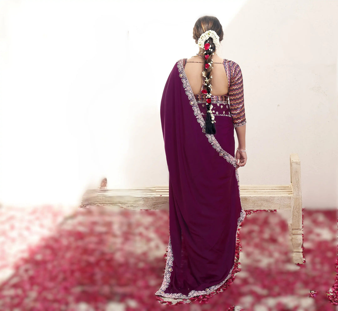 Luxury Wine Crepe Silk Saree with Intricate Moti Hand Embroidery