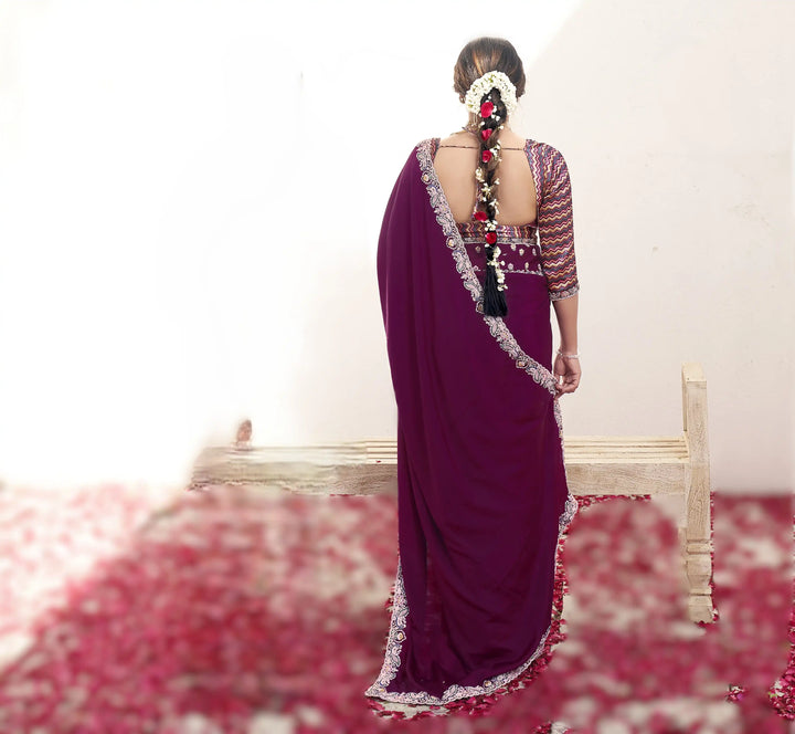 Luxury Wine Crepe Silk Saree with Intricate Moti Hand Embroidery