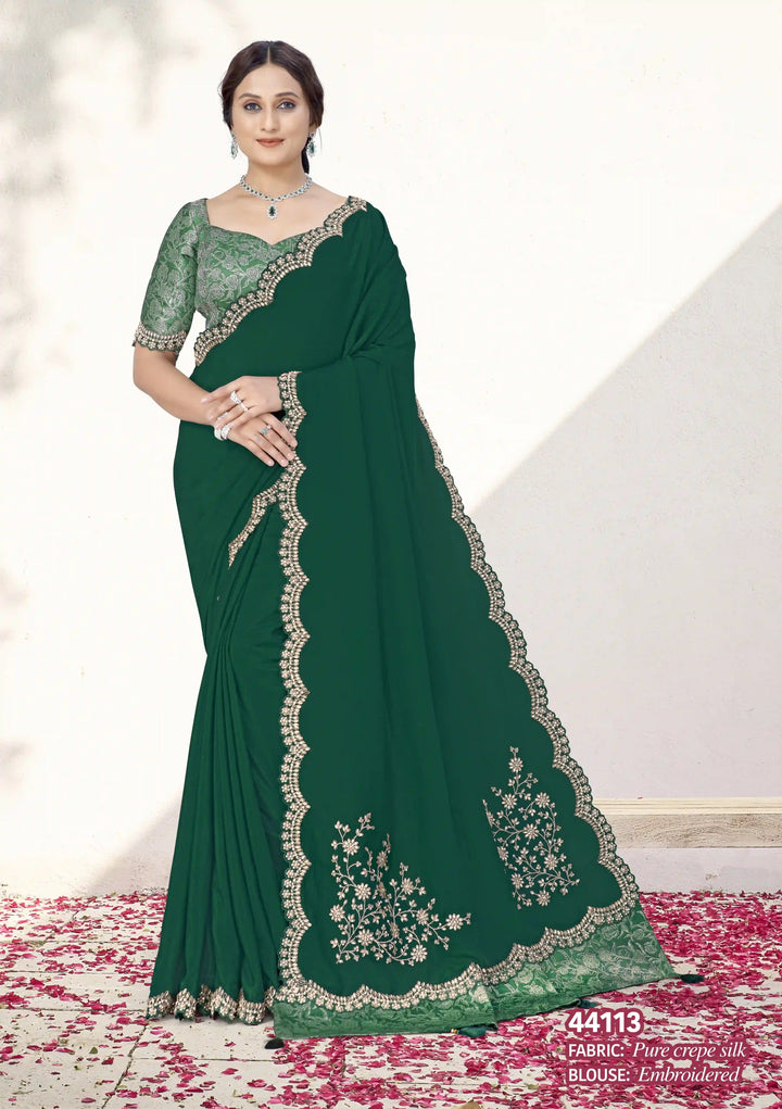 Exquisite Green Crepe Saree with Embroidered Gota Silk Blouse