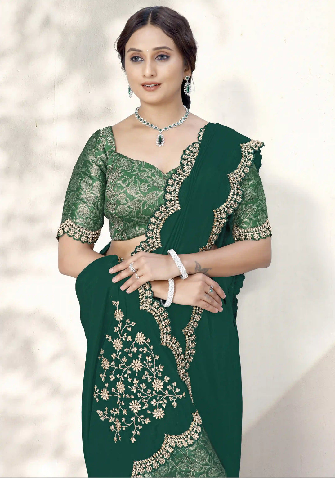 Exquisite Green Crepe Saree with Embroidered Gota Silk Blouse