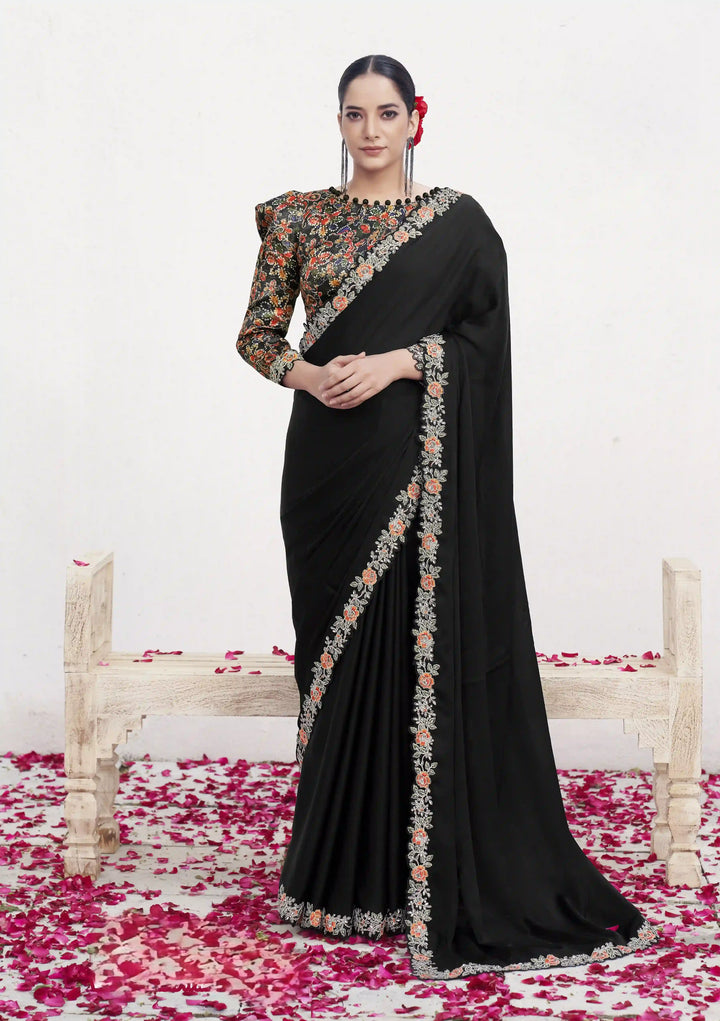 Timeless Black Crepe Satin Saree with Brocade Blouse & Handwork