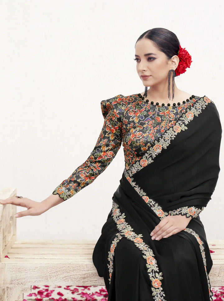 Timeless Black Crepe Satin Saree with Brocade Blouse & Handwork