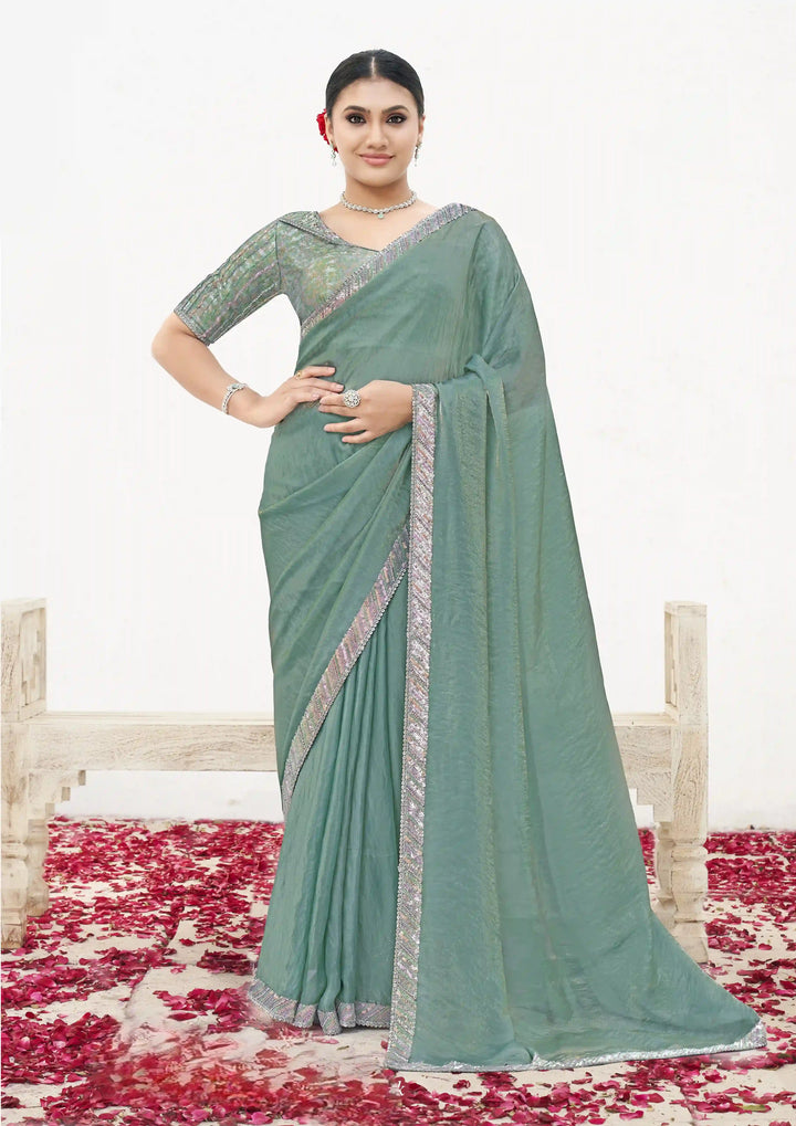 Exquisite Light Rama Satin Silk Saree with Jacquard Brocade Blouse