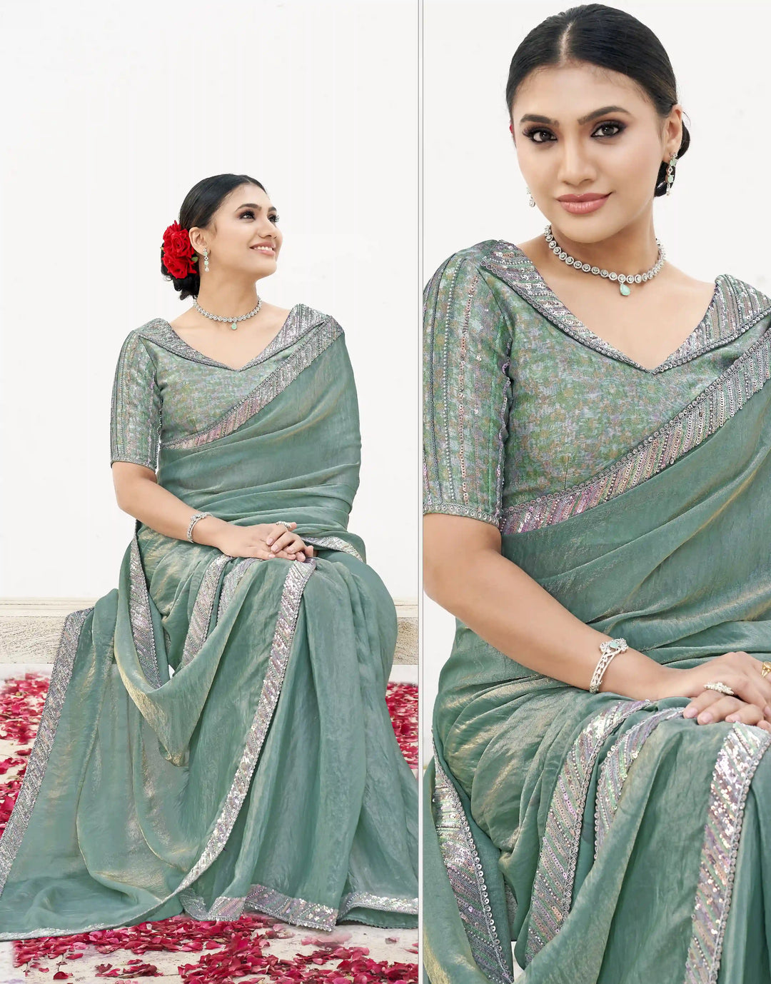 Exquisite Light Rama Satin Silk Saree with Jacquard Brocade Blouse