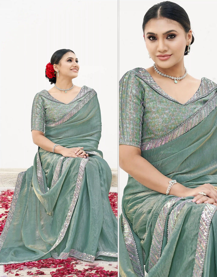 Exquisite Light Rama Satin Silk Saree with Jacquard Brocade Blouse