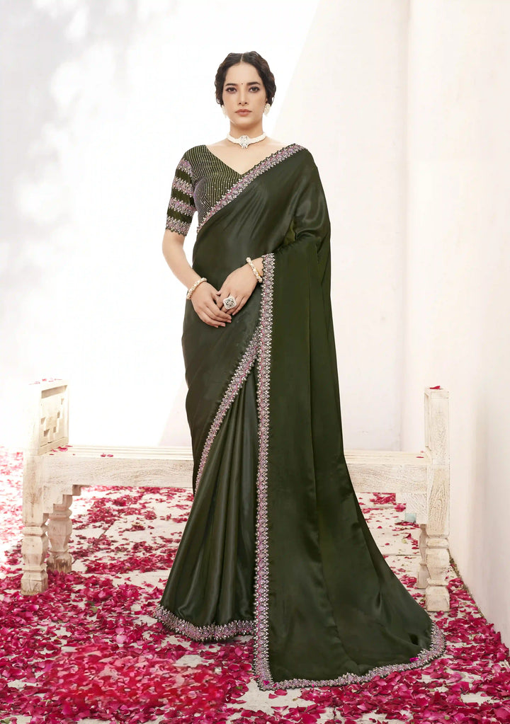 Classy Zardoshi Work on Mehendi Green Crepe Satin Saree & Blouse