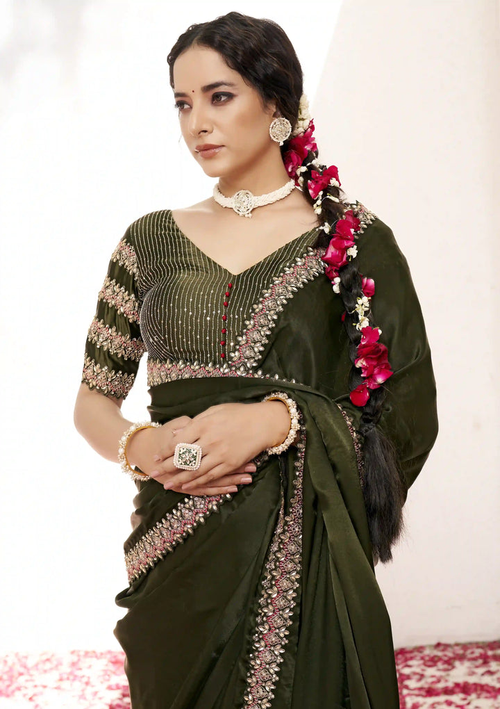 Classy Zardoshi Work on Mehendi Green Crepe Satin Saree & Blouse