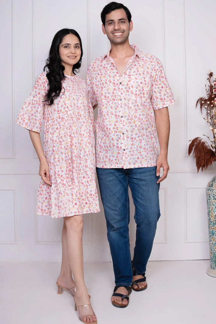 White Floral Printed Dress With Matching Shirt Couple Twin Set
