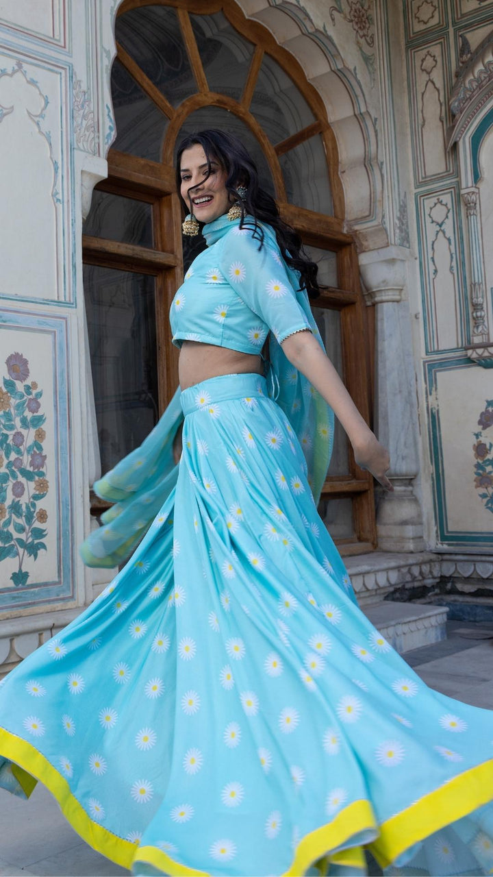 Signature Elegance Unveiled | Blue Muslin Lehenga & Chiffon Dupatta