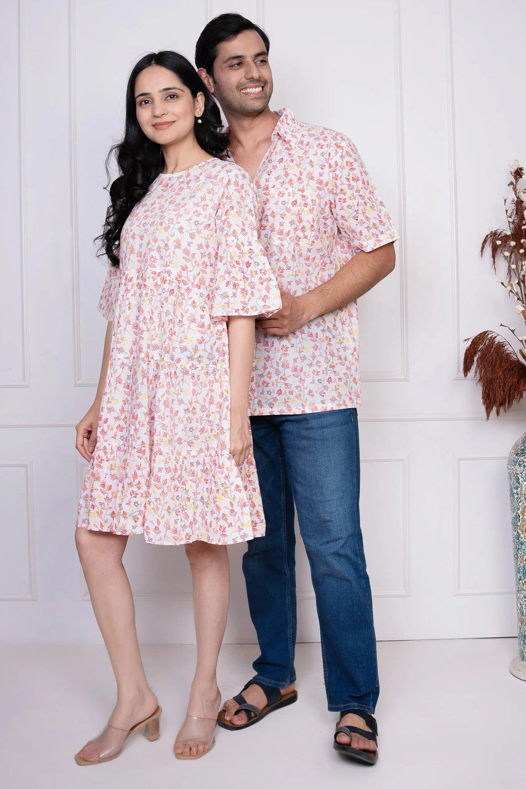 White Floral Printed Dress With Matching Shirt Couple Twin Set