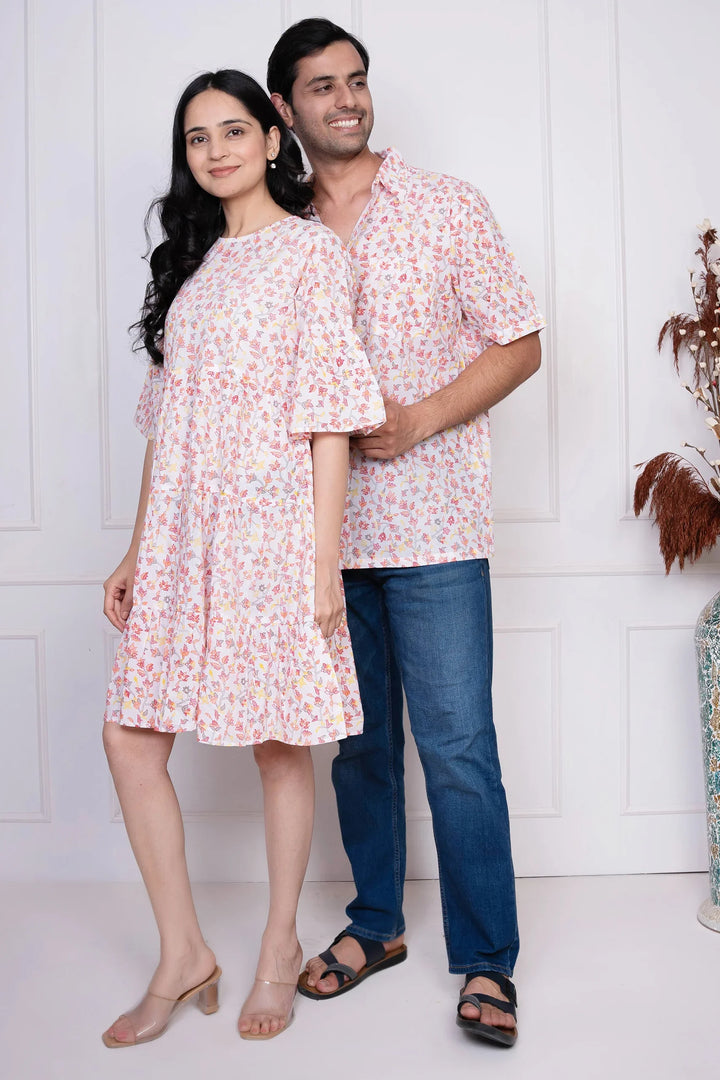 White Floral Printed Dress With Matching Shirt Couple Twin Set