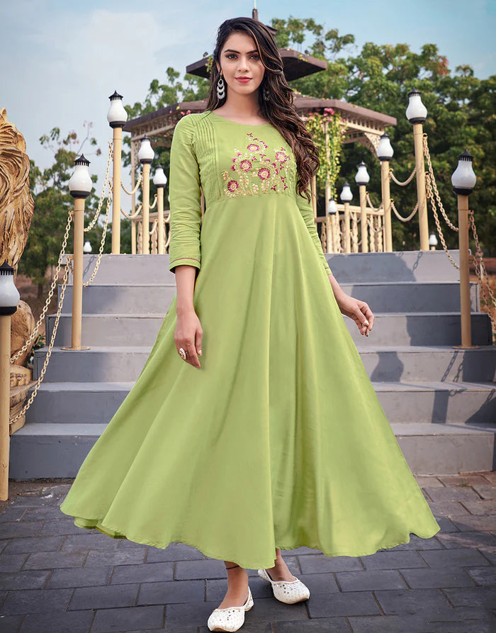 Stylish Pista Green Kurti | Elegant Rayon Thread Embroidery Work