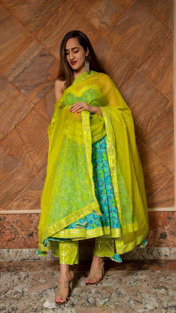 DHARA GREEN HAND BLOCK PURE COTTON ANARKALI SET - Pomcha Jaipur