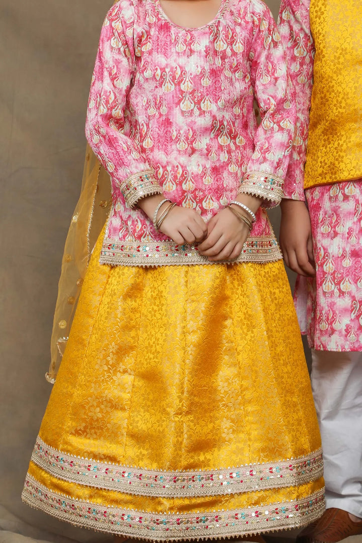 Sunny Yellow and Fuchsia floral Brocade Brother and Sister Twin Set