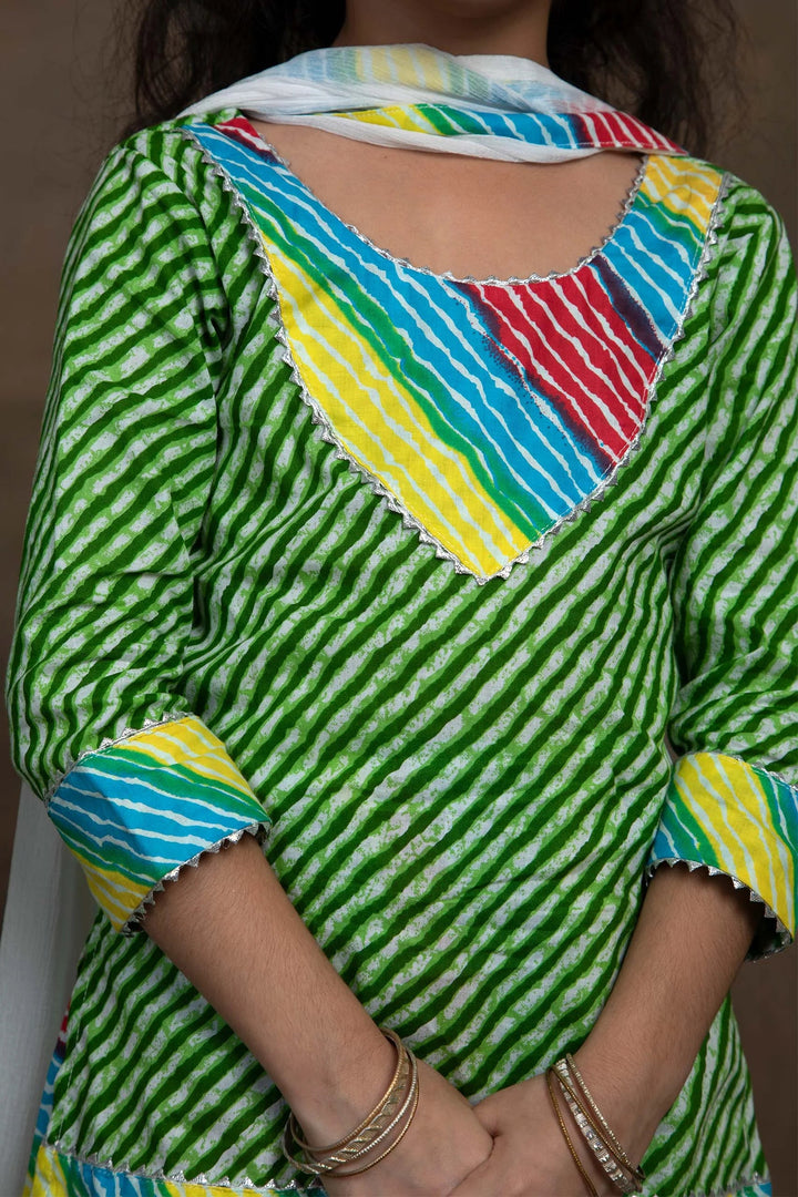 Vibrant Green And Multicolored Leheriya Brother and Sister Twin Set