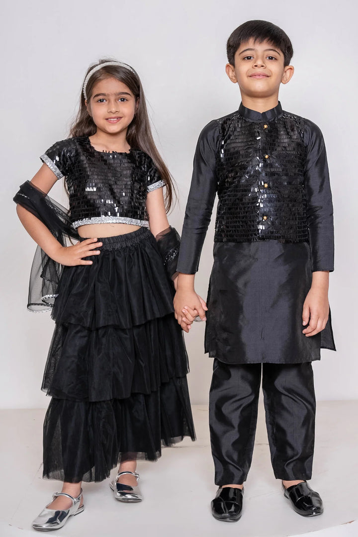 Black Sequins Tiered Lehenga With Matching Kurta & Pyjama for Brother-Sister Duo