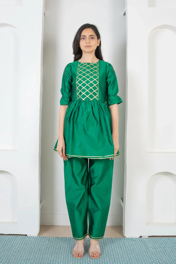 Refreshing Green and Golden Peplum Kurta with Pants For Women