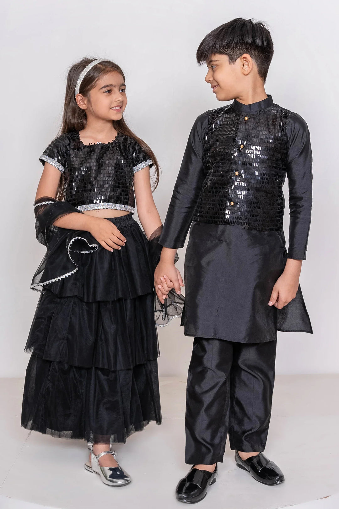 Black Sequins Tiered Lehenga With Matching Kurta & Pyjama for Brother-Sister Duo