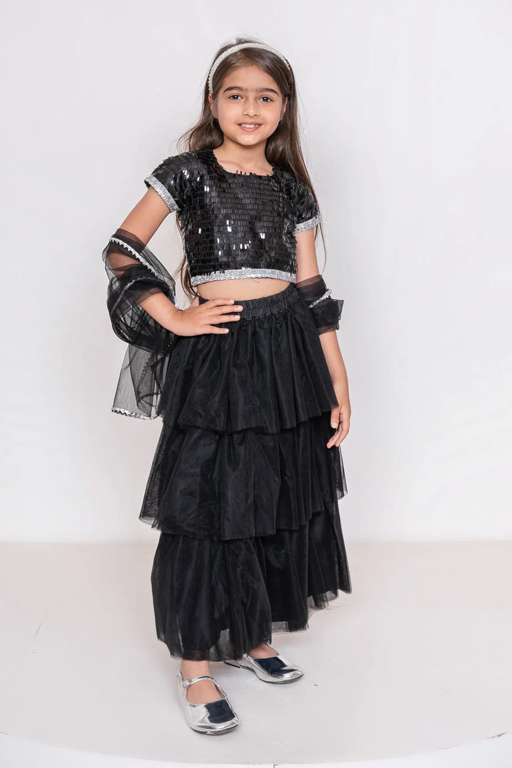 Black Sequins Tiered Lehenga With Matching Kurta & Pyjama for Brother-Sister Duo