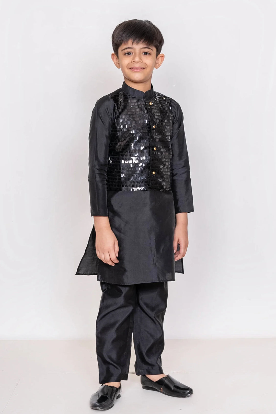 Black Sequins Tiered Lehenga With Matching Kurta & Pyjama for Brother-Sister Duo
