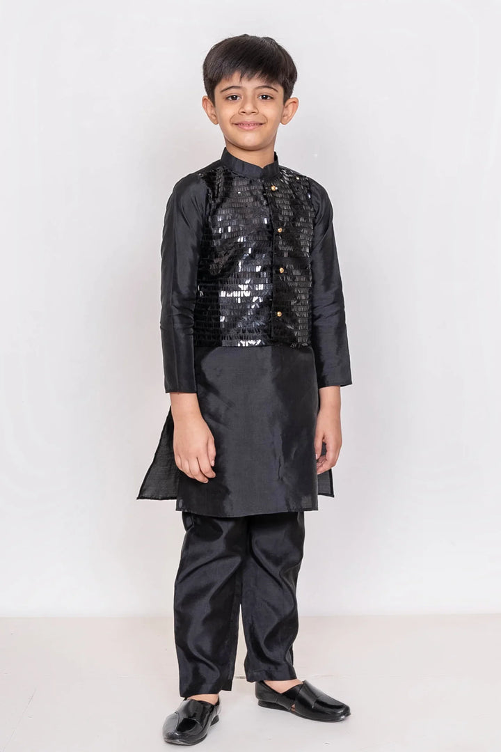Black Sequins Tiered Lehenga With Matching Kurta & Pyjama for Brother-Sister Duo