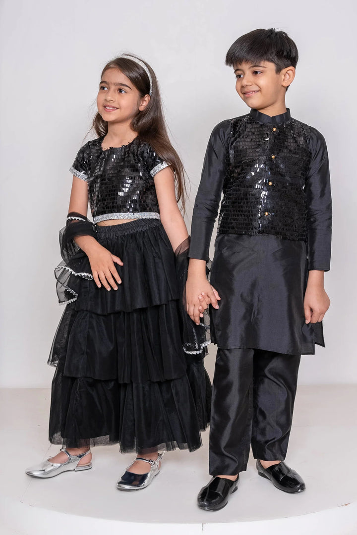 Black Sequins Tiered Lehenga With Matching Kurta & Pyjama for Brother-Sister Duo