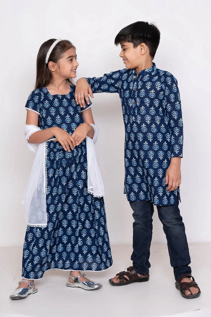 Navy Indigo Block Printed Matching Outfit for Brother and Sister