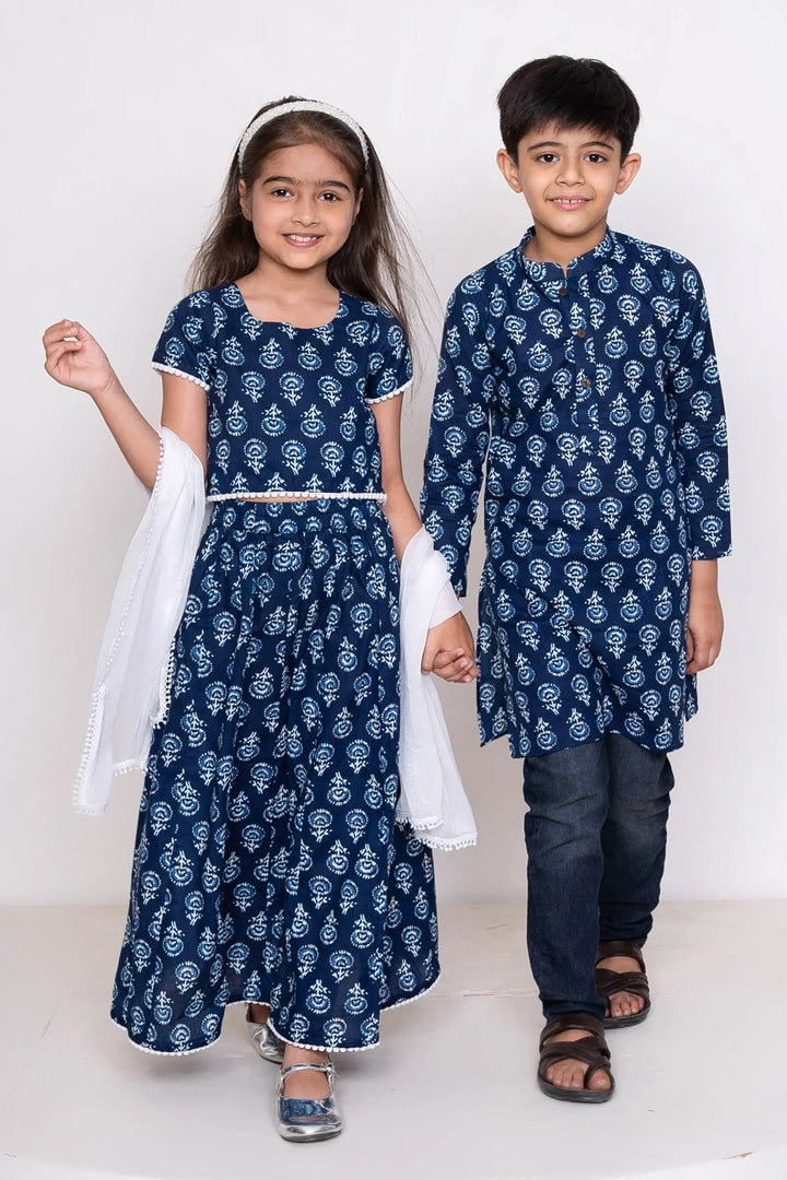 Navy Indigo Block Printed Matching Outfit for Brother and Sister