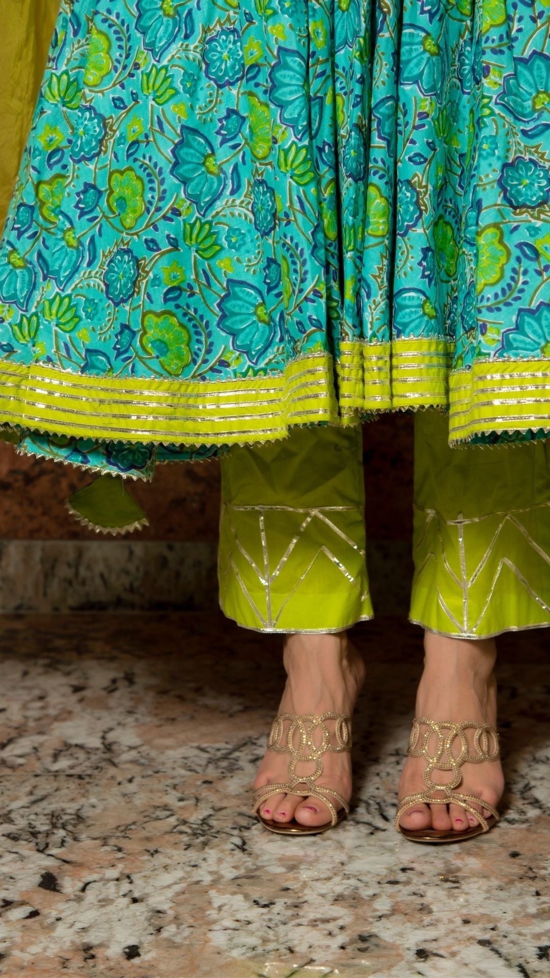 DHARA GREEN HAND BLOCK PURE COTTON ANARKALI SET - Pomcha Jaipur