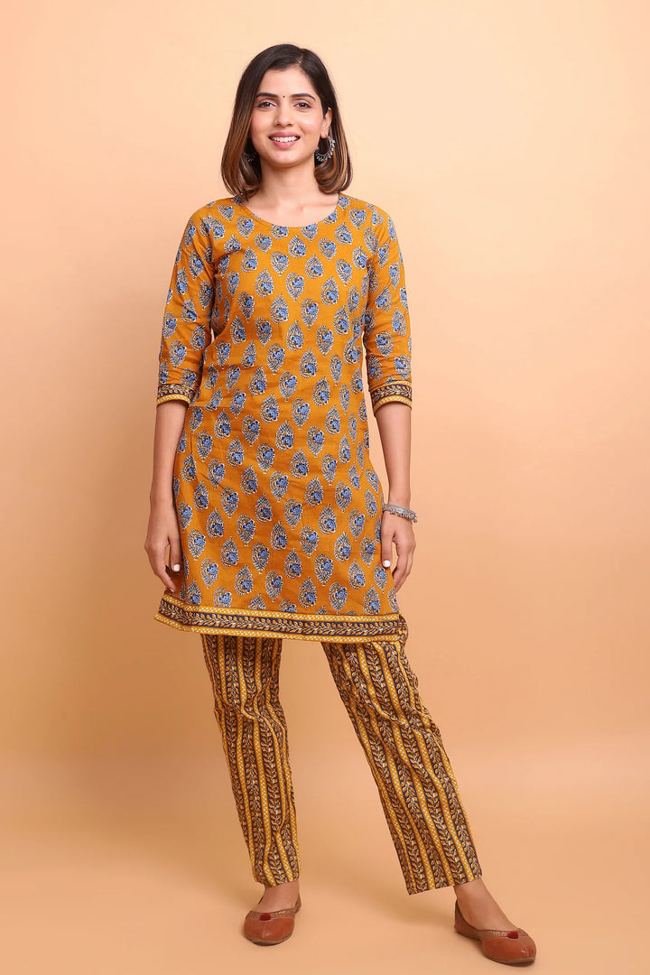 Mustard And Blue Printed Kurti Mom and Daughter Twin Set